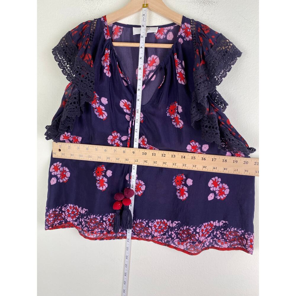 Sea New York Floral Ruffle Sleeve Blouse Navy Red Pom Detail 2 - Picture 16 of 16